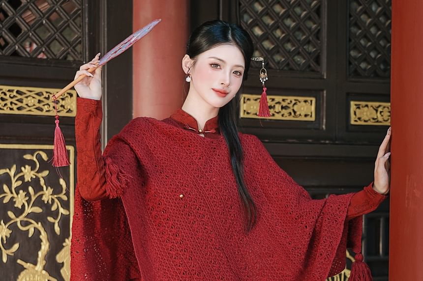 Long-Sleeve Crane Jacquard Maxi A-Line Dress / Shawl / Set