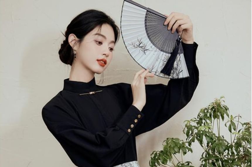 Set: Mock Neck Plain Top + High Waist Print Midi A-Line Skirt (Various Designs)