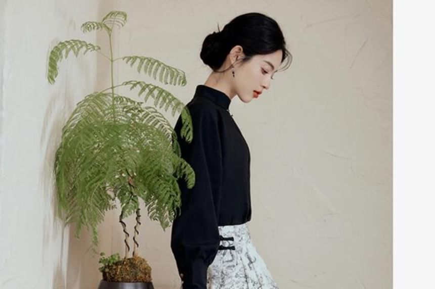 Set: Mock Neck Plain Top + High Waist Print Midi A-Line Skirt (Various Designs)