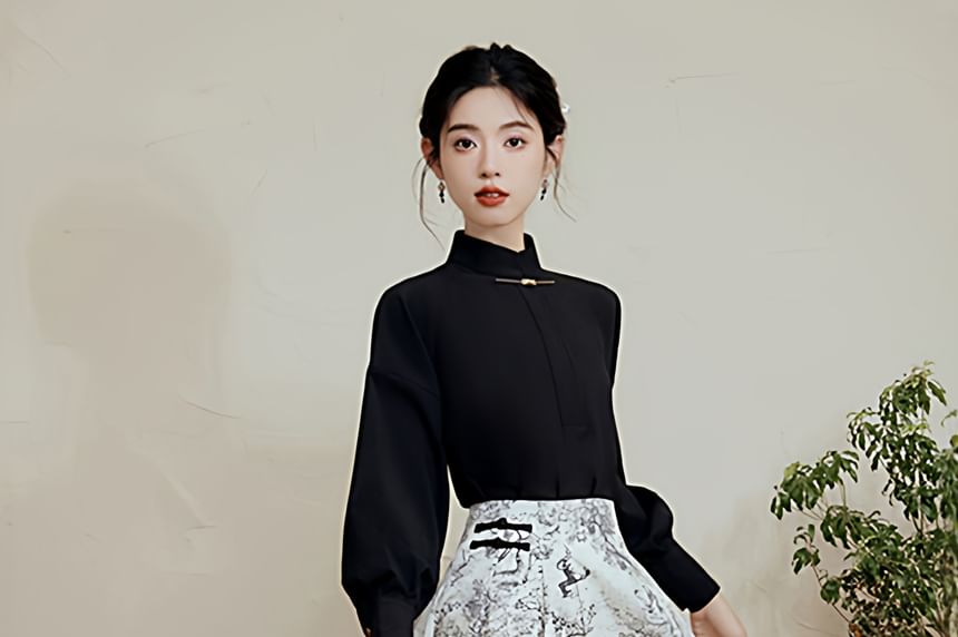 Set: Mock Neck Plain Top + High Waist Print Midi A-Line Skirt (Various Designs)