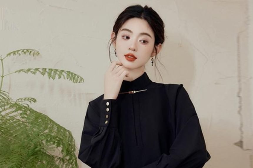 Set: Mock Neck Plain Top + High Waist Print Midi A-Line Skirt (Various Designs)