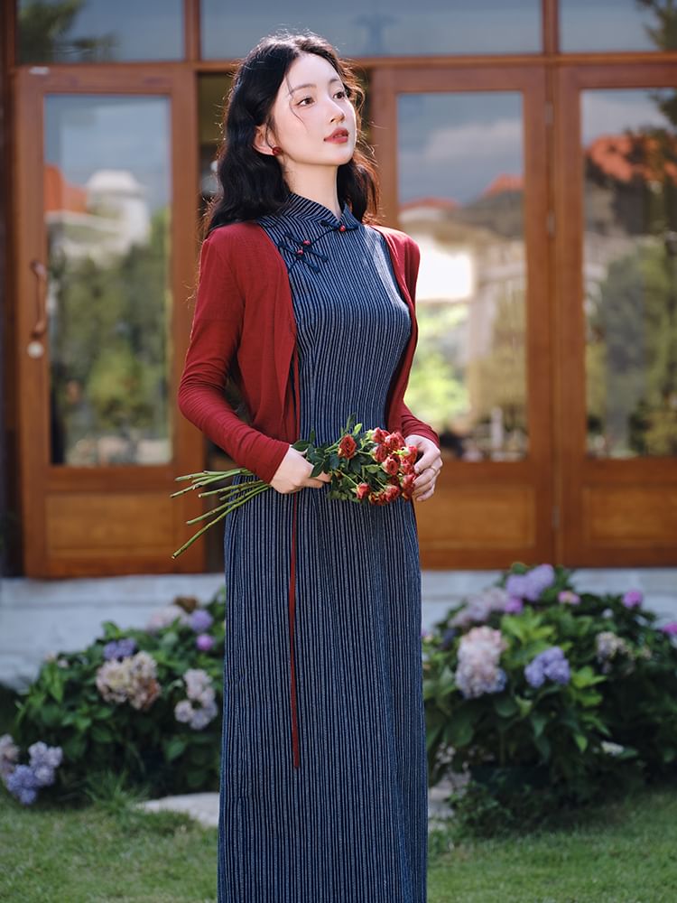 Short-Sleeve Striped Midi Qipao / Plain Tie Front Cardigan / Set