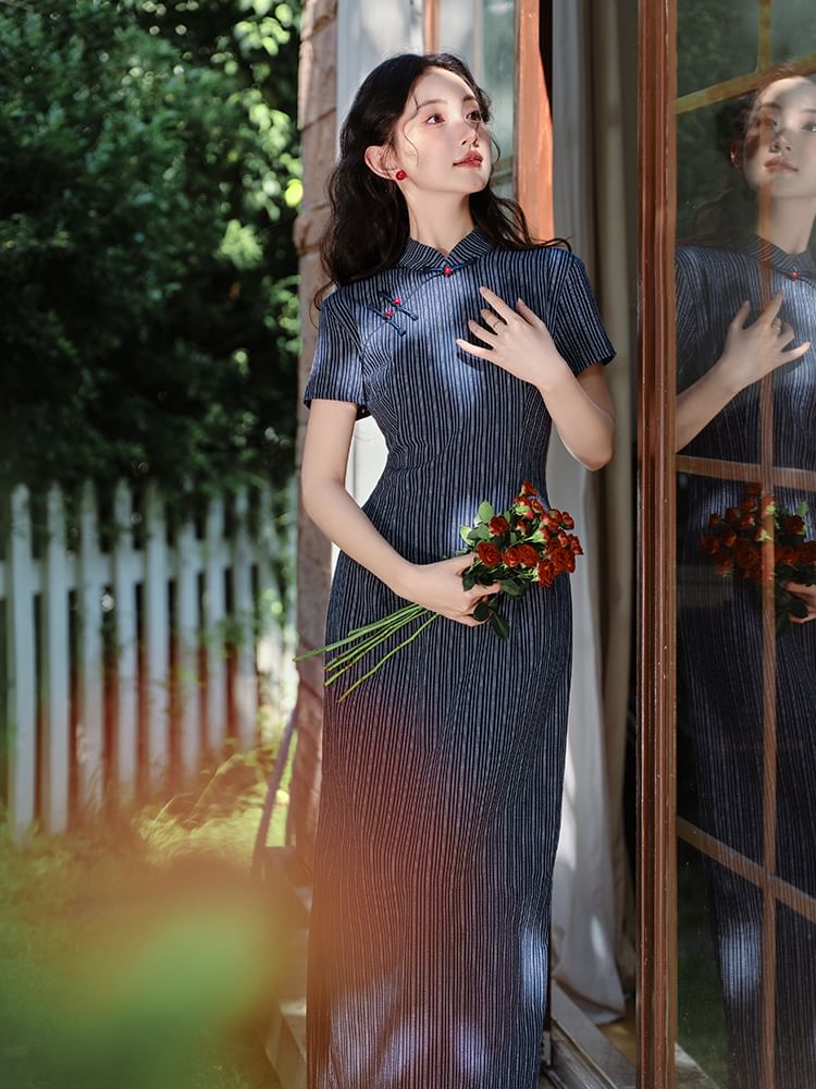 Short-Sleeve Striped Midi Qipao / Plain Tie Front Cardigan / Set