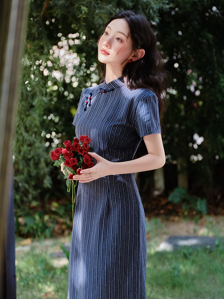Short-Sleeve Striped Midi Qipao / Plain Tie Front Cardigan / Set