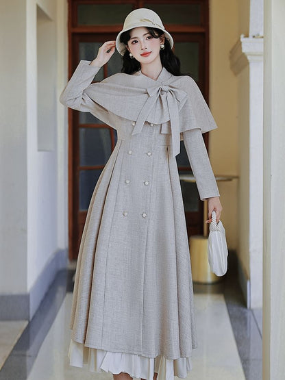 Long-Sleeve Plain Double-Breasted Midi A-Line Coat Dress / Bow Capelet / Set