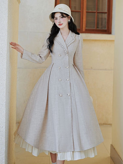 Long-Sleeve Plain Double-Breasted Midi A-Line Coat Dress / Bow Capelet / Set
