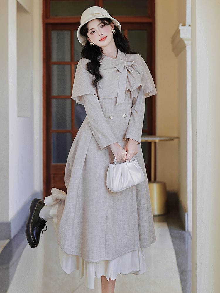 Long-Sleeve Plain Double-Breasted Midi A-Line Coat Dress / Bow Capelet / Set