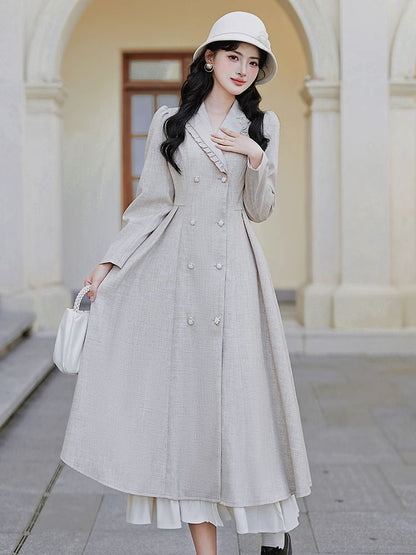 Long-Sleeve Plain Double-Breasted Midi A-Line Coat Dress / Bow Capelet / Set