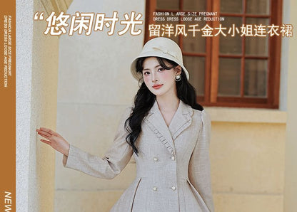 Long-Sleeve Plain Double-Breasted Midi A-Line Coat Dress / Bow Capelet / Set