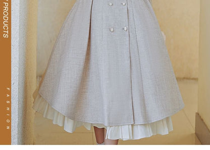 Long-Sleeve Plain Double-Breasted Midi A-Line Coat Dress / Bow Capelet / Set