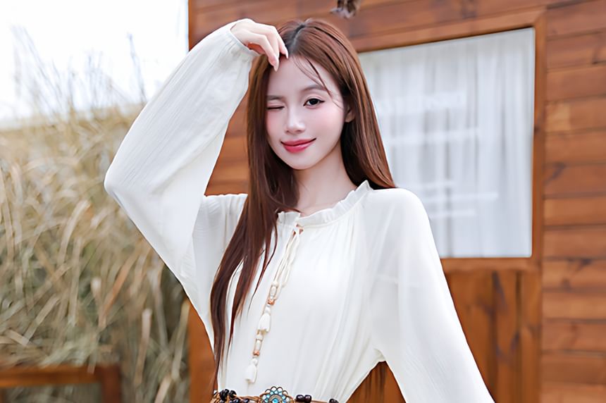 V-Neck Embroidered Tassel Tie Front Vest / Long-Sleeve Fringed Tiered Midi A-Line Dress / String Belt / Set