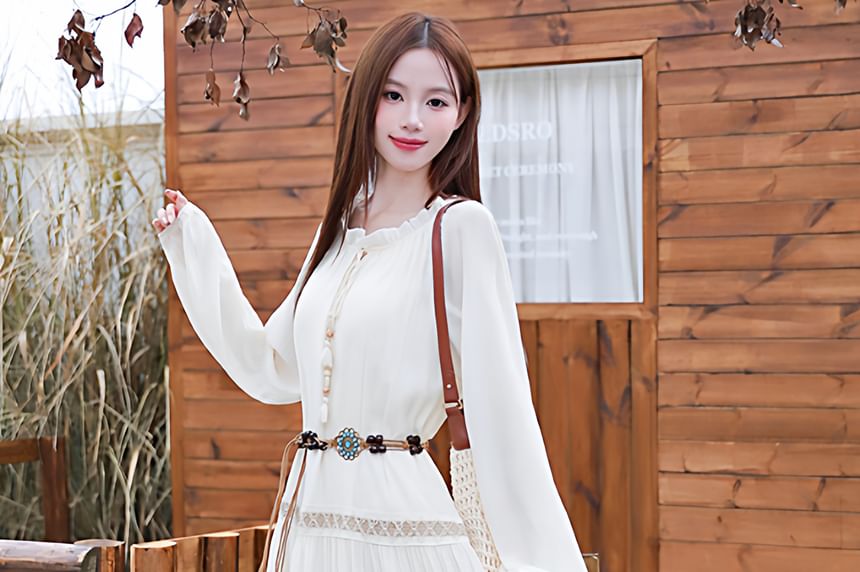 V-Neck Embroidered Tassel Tie Front Vest / Long-Sleeve Fringed Tiered Midi A-Line Dress / String Belt / Set