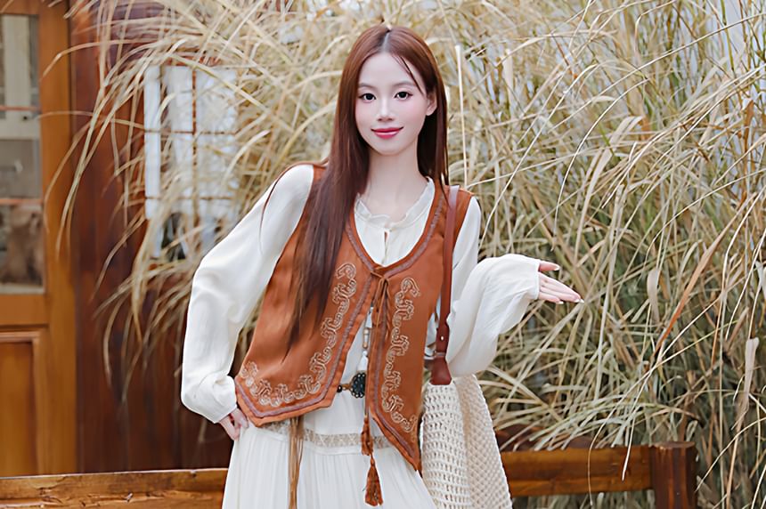 V-Neck Embroidered Tassel Tie Front Vest / Long-Sleeve Fringed Tiered Midi A-Line Dress / String Belt / Set