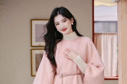 Crew Neck Plain Midi A-Line Overall Dress / 3/4-Sleeve Open Front Coat / Long-Sleeve Turtleneck Knit Top / Belt / Set