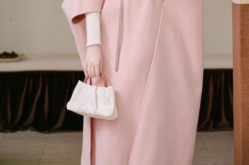 Crew Neck Plain Midi A-Line Overall Dress / 3/4-Sleeve Open Front Coat / Long-Sleeve Turtleneck Knit Top / Belt / Set