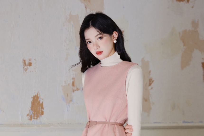 Crew Neck Plain Midi A-Line Overall Dress / 3/4-Sleeve Open Front Coat / Long-Sleeve Turtleneck Knit Top / Belt / Set