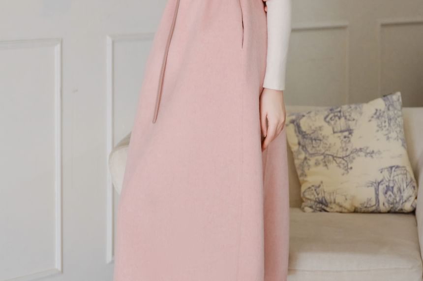 Crew Neck Plain Midi A-Line Overall Dress / 3/4-Sleeve Open Front Coat / Long-Sleeve Turtleneck Knit Top / Belt / Set