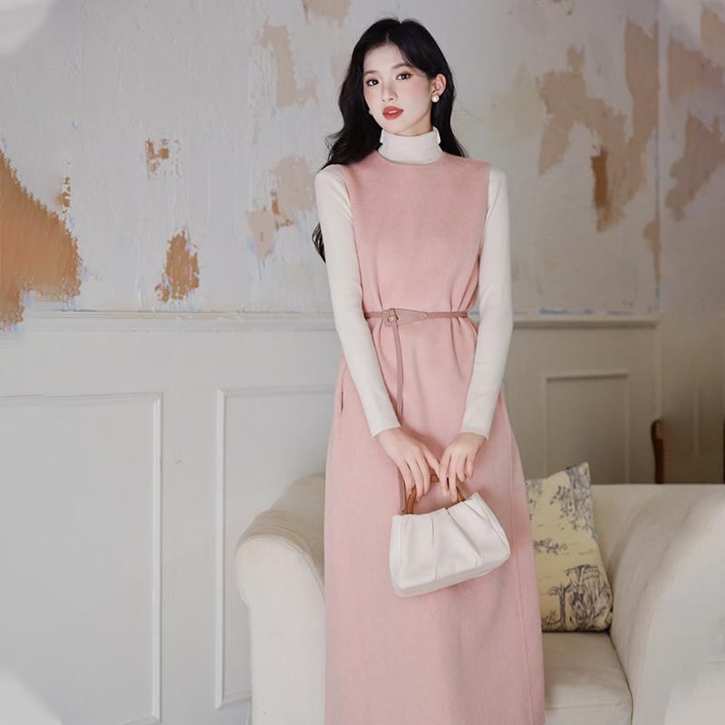 Crew Neck Plain Midi A-Line Overall Dress / 3/4-Sleeve Open Front Coat / Long-Sleeve Turtleneck Knit Top / Belt / Set