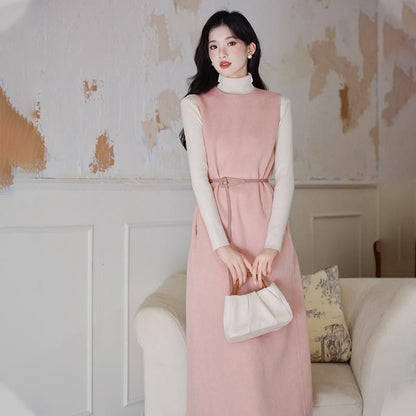 Crew Neck Plain Midi A-Line Overall Dress / 3/4-Sleeve Open Front Coat / Long-Sleeve Turtleneck Knit Top / Belt / Set