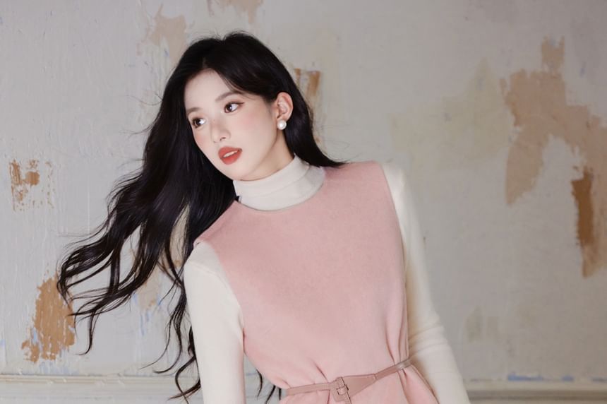 Crew Neck Plain Midi A-Line Overall Dress / 3/4-Sleeve Open Front Coat / Long-Sleeve Turtleneck Knit Top / Belt / Set