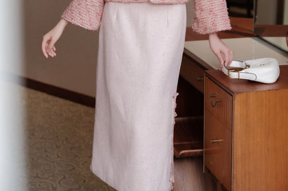 Mandarin Collar Tweed Frog Button Jacket / High Rise Slit Midi Pencil Skirt / Set