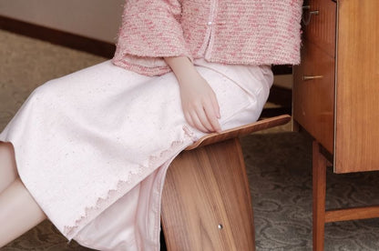 Mandarin Collar Tweed Frog Button Jacket / High Rise Slit Midi Pencil Skirt / Set