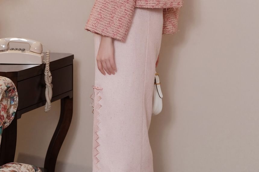 Mandarin Collar Tweed Frog Button Jacket / High Rise Slit Midi Pencil Skirt / Set