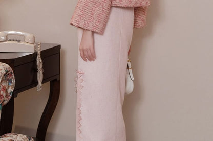 Mandarin Collar Tweed Frog Button Jacket / High Rise Slit Midi Pencil Skirt / Set