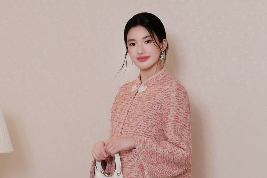 Mandarin Collar Tweed Frog Button Jacket / High Rise Slit Midi Pencil Skirt / Set