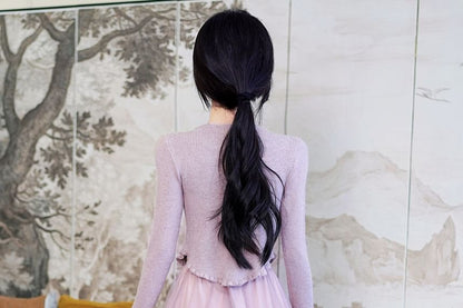 Long-Sleeve Round Neck Plain Flower Accent Ribbed Knit Top / High Waist Midi A-Line Tulle Skirt / Set