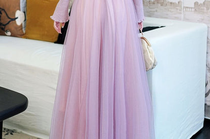 Long-Sleeve Round Neck Plain Flower Accent Ribbed Knit Top / High Waist Midi A-Line Tulle Skirt / Set