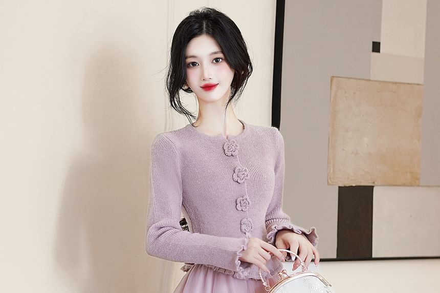 Long-Sleeve Round Neck Plain Flower Accent Ribbed Knit Top / High Waist Midi A-Line Tulle Skirt / Set