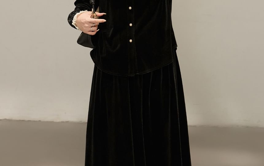 Long Sleeve Collared Two Tone Pleated Panel Velvet Blouse