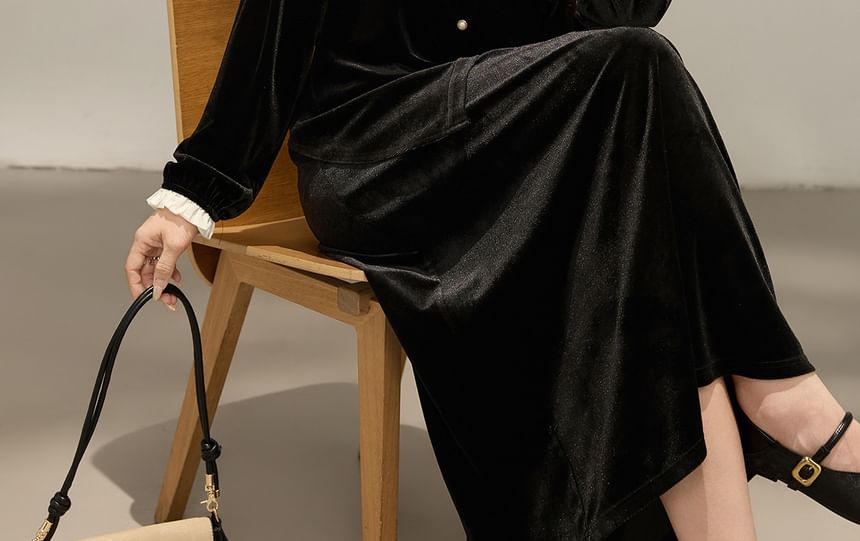 High Rise Plain Velvet Maxi A-Line Skirt