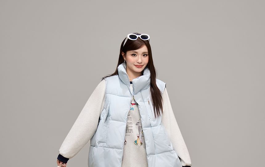 Stand Collar Plain Zip Puffer Vest