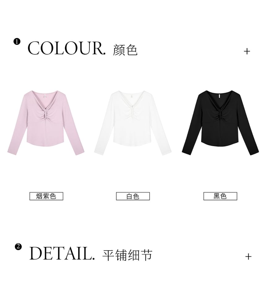 Long Sleeve V-Neck Plain Twist Ruched Top