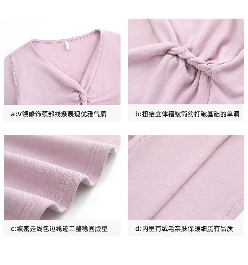 Long Sleeve V-Neck Plain Twist Ruched Top