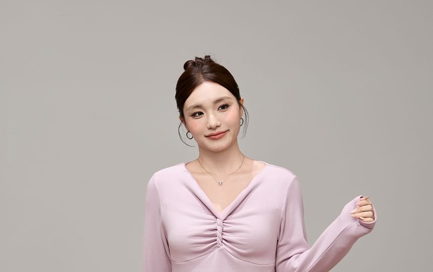 Long Sleeve V-Neck Plain Twist Ruched Top