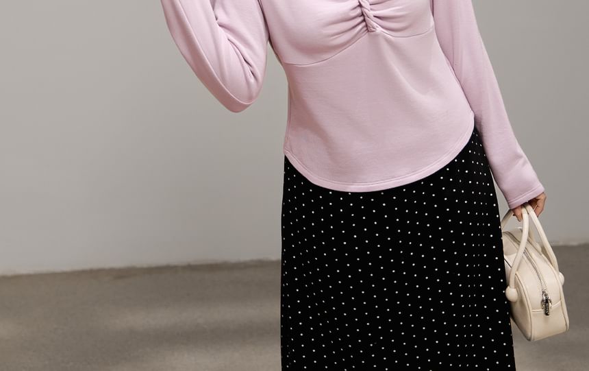 Long Sleeve V-Neck Plain Twist Ruched Top