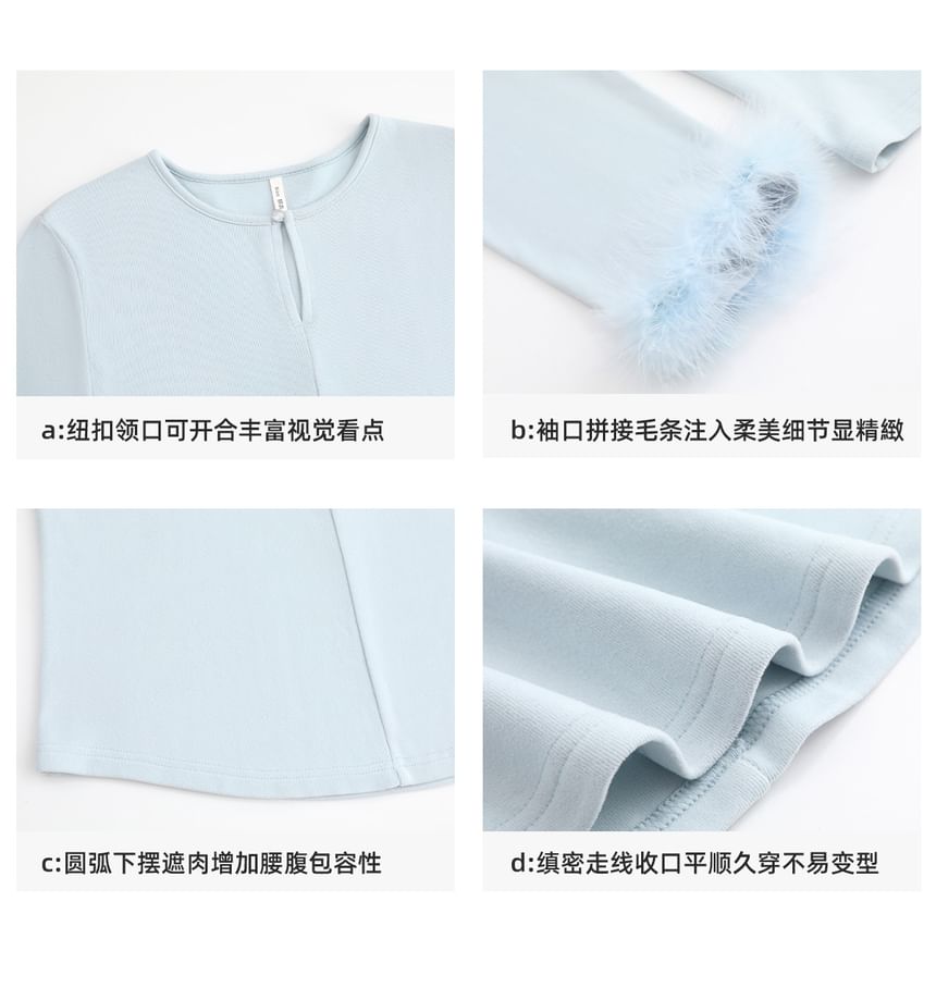 Long Sleeve Round Neck Plain Detachable Fluffy Trim Keyhole Top