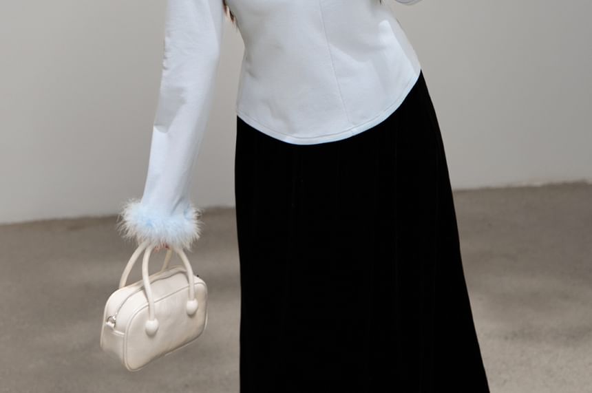 Long Sleeve Round Neck Plain Detachable Fluffy Trim Keyhole Top