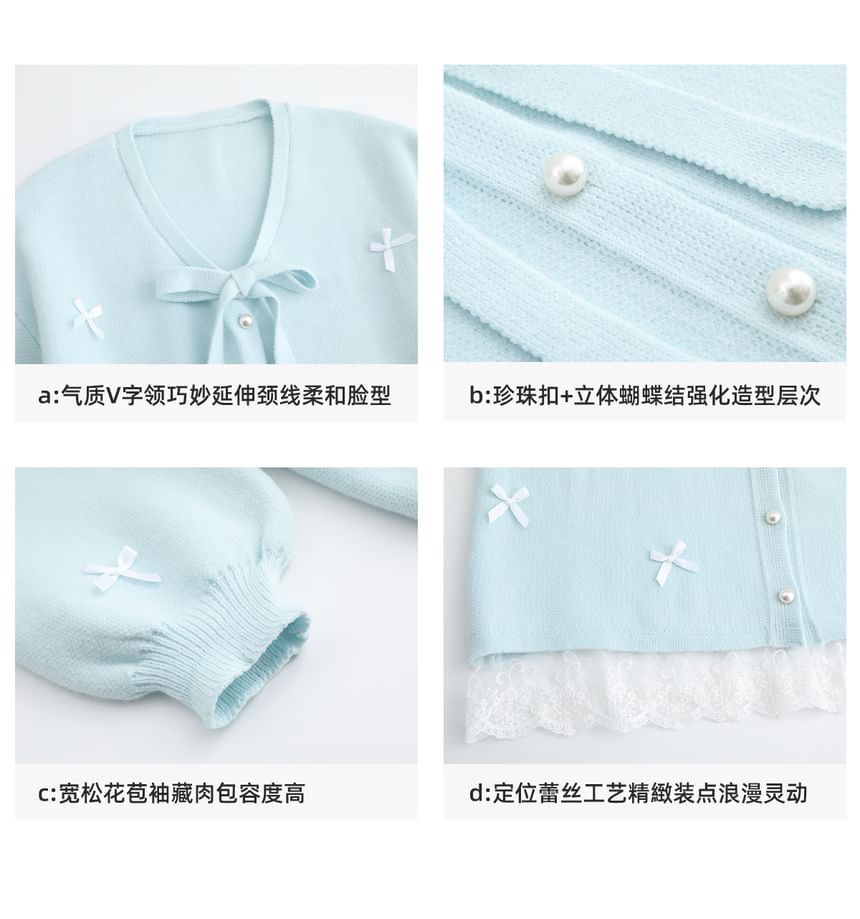 V-Neck Bow Panel Lace Faux Pearl Button Cardigan