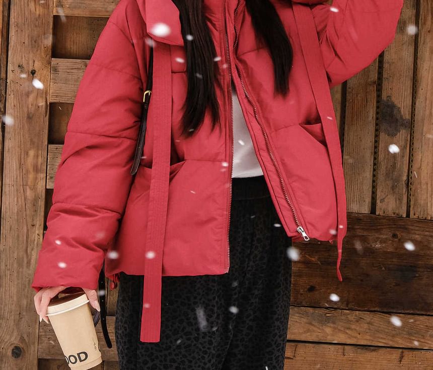 Stand Collar Plain Bear Ear Hood Zip Puffer Jacket