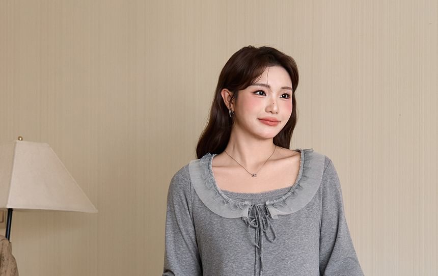 Mock Two-Piece Long-Sleeve Square Neck Lace Trim Tie Front Tee