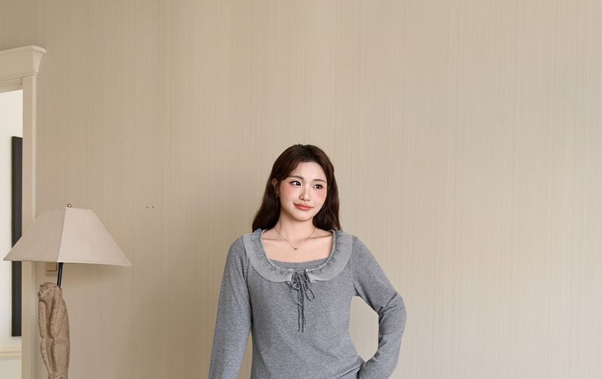 Mock Two-Piece Long-Sleeve Square Neck Lace Trim Tie Front Tee