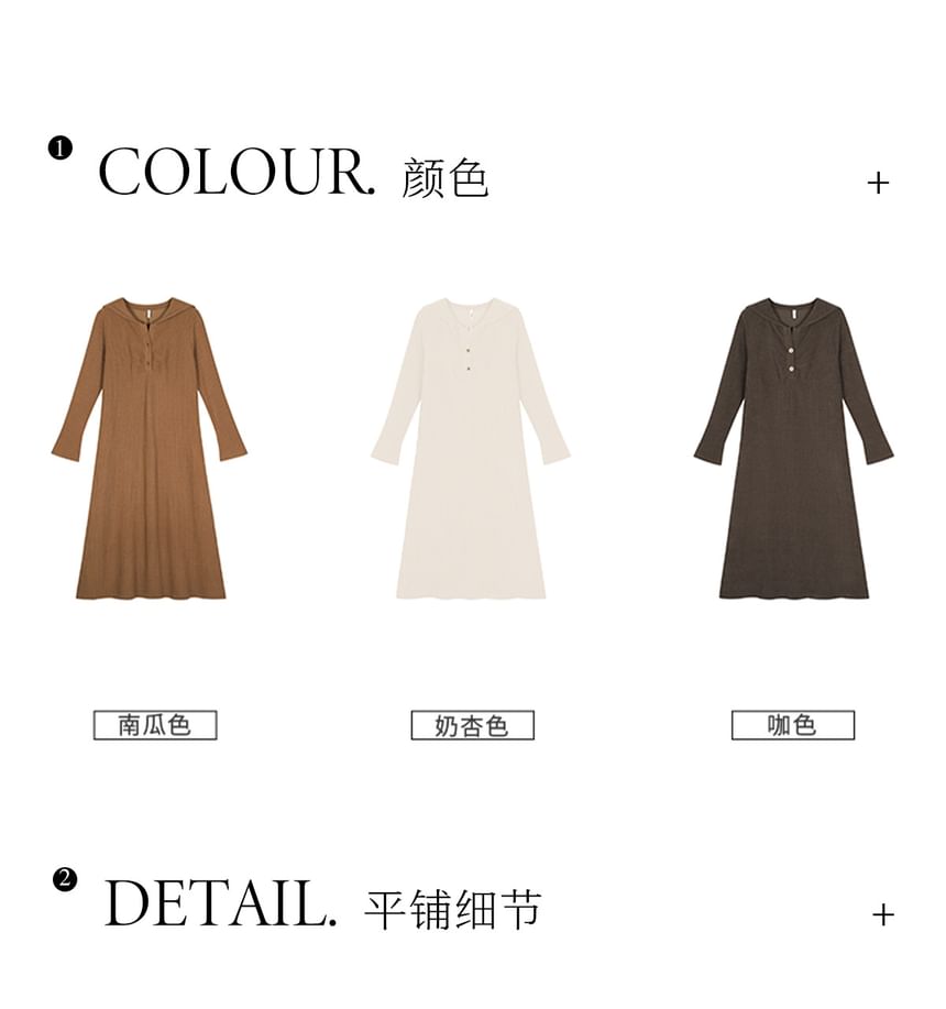 Long-Sleeve Sailor Collar Plain Ruched Midi Shift Knit Dress