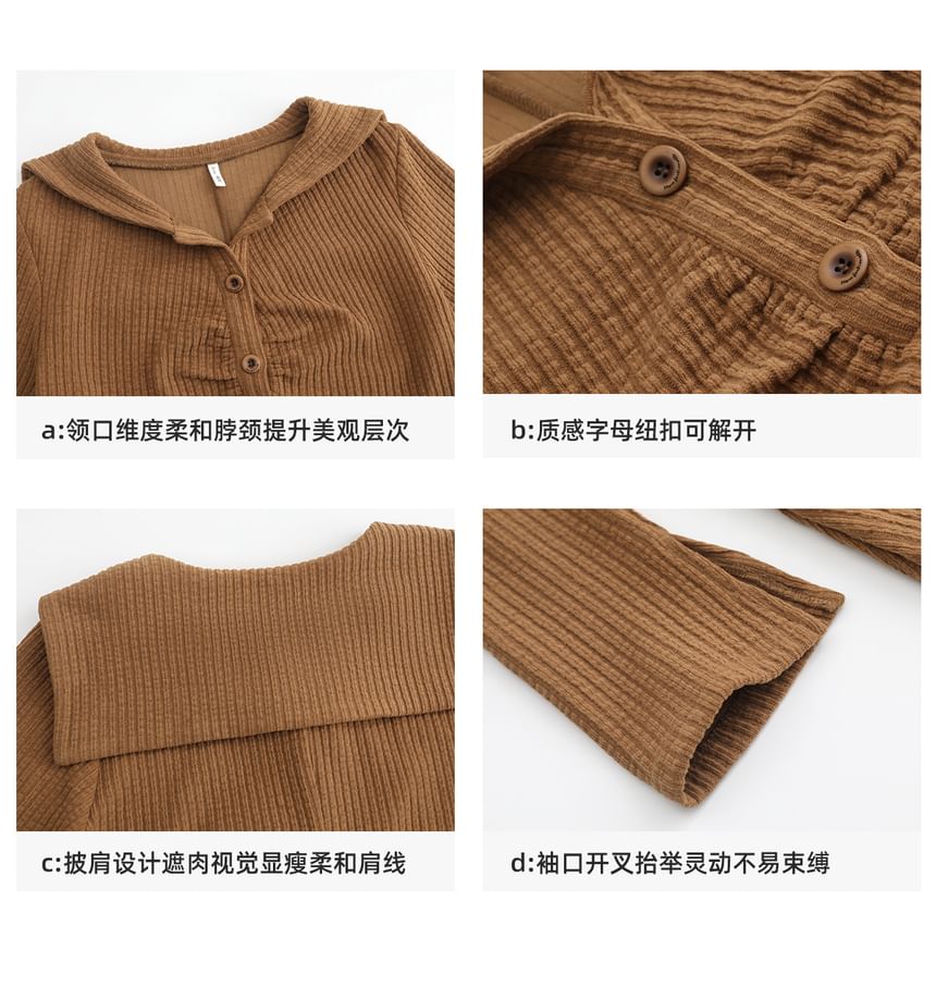 Long-Sleeve Sailor Collar Plain Ruched Midi Shift Knit Dress