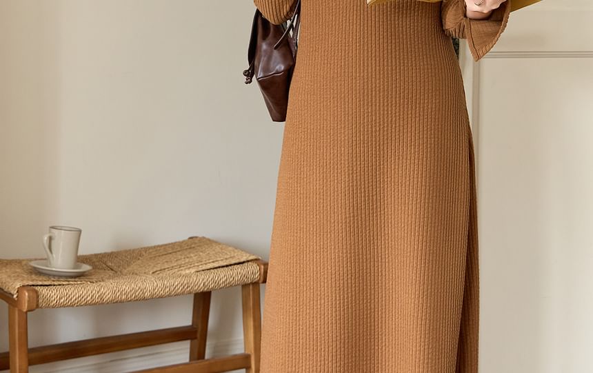 Long-Sleeve Sailor Collar Plain Ruched Midi Shift Knit Dress