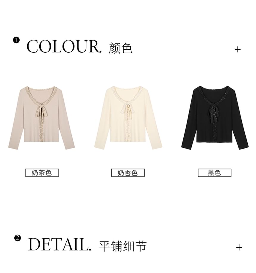 Long-Sleeve V-Neck Dotted Bow Accent Frill Trim Slim Fit T-Shirt