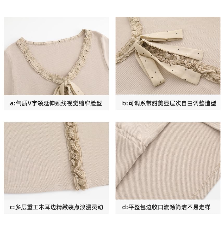 Long-Sleeve V-Neck Dotted Bow Accent Frill Trim Slim Fit T-Shirt